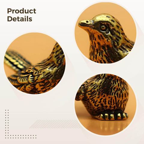 Close-up of Brass Sparrow Hinge Heads Set Of Four Vintage Bird Figurines showing lifelike feather detailing and solid brass construction.