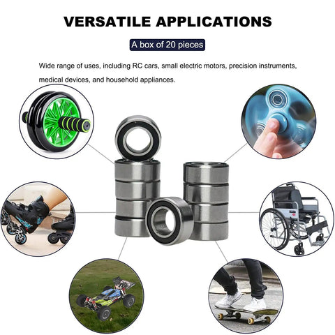 Pro Grade 5x10x4mm Deep Groove Ball Bearings 2RS Double Sealed Chrome Steel Z2 shown in versatile applications pack of 20