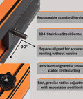 Carbon Fiber Radius Guide Circle Cutting Jig Pro Grade Base Plate for Trim Routers 1.6 to 37 Inch Circles Fits DeWalt DCW600 DWP611, showing replaceable hardware, steel center pin, and precision alignment.