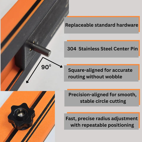 Carbon Fiber Radius Guide Circle Cutting Jig Pro Grade Base Plate for Trim Routers 1.6 to 37 Inch Circles Fits DeWalt DCW600 DWP611, showing replaceable hardware, steel center pin, and precision alignment.