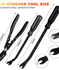 10 Piece Auto Trim Removal Tool Kit With Plastic Pry Tools And Clip Pliers for car panels, showing tool sizes and details.