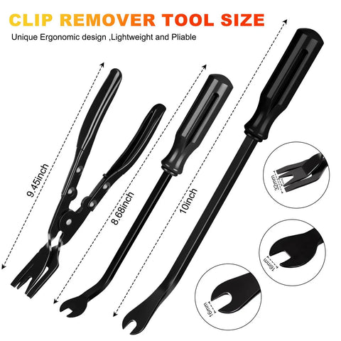 10 Piece Auto Trim Removal Tool Kit With Plastic Pry Tools And Clip Pliers for car panels, showing tool sizes and details.