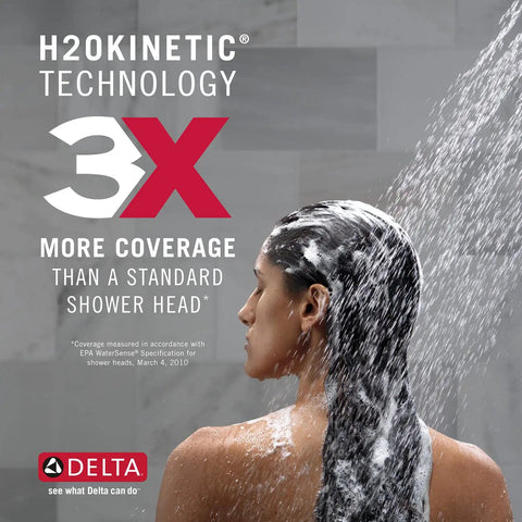 Person enjoying strong water flow from Universal Showering Components Showerhead With Lumicoat Stainless Finish For Easy Wipe Clean And Mineral Buildup Resistant H2Okinetic Technology Delivers More Water And Powerful Coverage With PowerDrench Spray displayed in the shower.