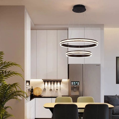 Modern Crystal Chandelier With Dimmable LED Pendant Light In Black, Acrylic Double Ring Design, Remote Dimmer, Kitchen Ceiling Light