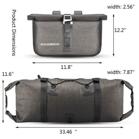 Waterproof Handlebar Bag Set for Bikepacking, Two Dry Packs, black roll-top with 600D Nylon, dimensions labeled in inches