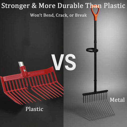 Comparison of plastic and metal Heavy Duty Metal Horse Manure Fork With Long Steel Handle Built Tough Two Pack Poop Shovel Rake Hay Fork And Pitch Fork For Horse Stall Farm Work Durable Steel Construction