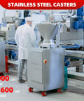 Front view of stainless steel 4-inch caster set with red polyurethane wheels and brake for industrial equipment carts.