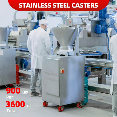 Four Inch Stainless Steel Casters With Solid Polyurethane Wheels Heavy Duty Rust Proof Industrial Locking Brakes on equipment in industrial setting.