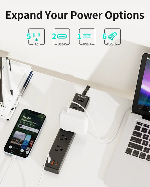 Ultra Thin Flat Plug Power Strip With 6 Foot Cord, 5 Outlets And 3 USB Ports Including 2 USB C, 1700 Joules Surge Protector in use on desk