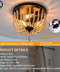Farmhouse Wood Beaded 3 Light Flush Mount Ceiling Light, Boho Chandelier Style Vintage Lighting For Entryway Hallway Foyer And Bedroom, Black Finish With Gold Edge