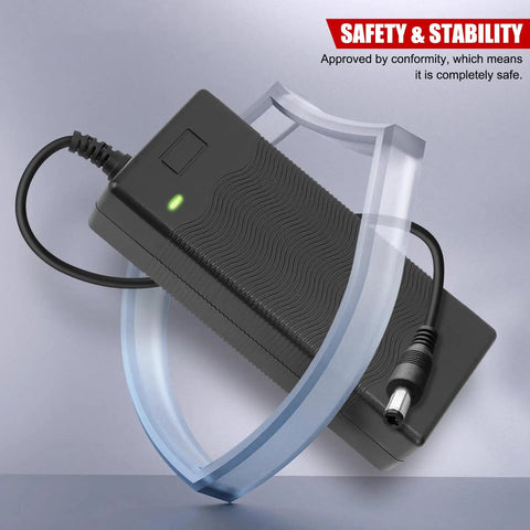 Portable 42V 2A Scooter Battery Charger For Electric Skateboard And EV, shown with LED indicator and US plug, safety shield on side