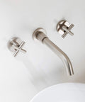Brushed Nickel Wall Mount Bathroom Faucet With Double Handles Includes Rough In Valve Drip Free Ceramic Disc Cartridge Solid Brass