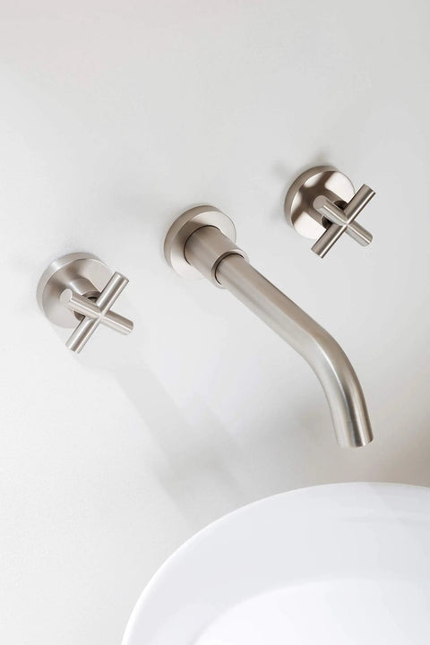 Brushed Nickel Wall Mount Bathroom Faucet With Double Handles Includes Rough In Valve Drip Free Ceramic Disc Cartridge Solid Brass