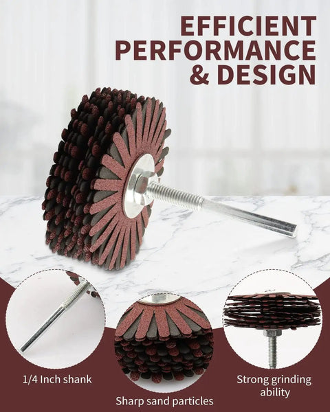 2 Pack 150 Grit Nylon Abrasive Flap Wheel with One Quarter Inch Shank, shown with efficient performance and design on marble surface