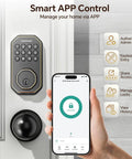 Dead Simple Keyless Entry Door Lock With Knob Set In Classic Oil Rubbed Bronze with smart app control for easy access.
