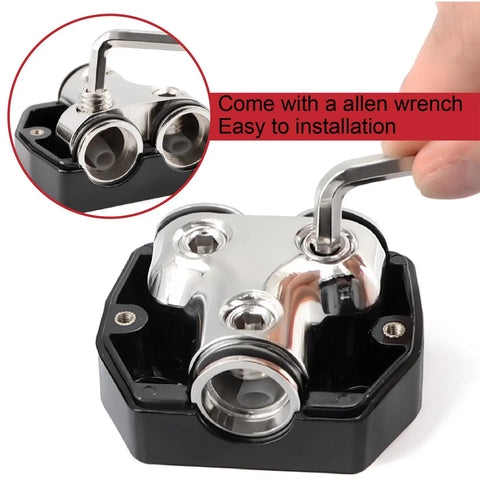 Power Distribution Block For Car Audio With One 0 Gauge In And Two 0 Gauge Out, black metal block with Allen wrench installed