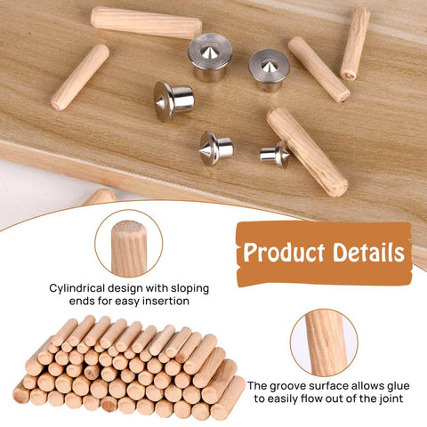Pro Grade Woodworking Dowel Pin Set With 24 Centering Pins In 6 8 10 12 Mm And 75 Dowel Pins In 6 8 10 Mm on wooden surface