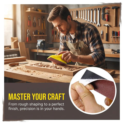 Cool 240 Pack Sand Paper Kit With 12 Grits From 80 To 2000 And Mini Finger Sander in a workshop with wood carving.