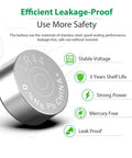Top Shelf 40 Pack LR44 AG13 357 SR44 Button Cell Batteries Long Lasting Coin Power For Gadgets And Calipers showing leakage-proof design and specifications.