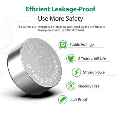 Top Shelf 40 Pack LR44 AG13 357 SR44 Button Cell Batteries Long Lasting Coin Power For Gadgets And Calipers showing leakage-proof design and specifications.