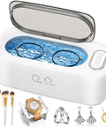 48 Kilohertz Ultrasonic Cleaning Machine For Jewelry Glasses Earbuds Dental Plates And Watch Straps Packs dual settings with eyeglasses in basin.