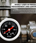 Close-up of a Glycerin-Filled Low Pressure Gauge 0-60 PSI, 1.5 Inch Dial, One-Eighth Inch NPT Back Mount in stainless steel case