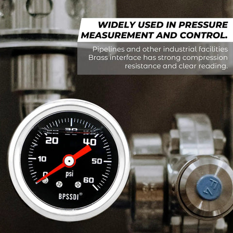 Close-up of a Glycerin-Filled Low Pressure Gauge 0-60 PSI, 1.5 Inch Dial, One-Eighth Inch NPT Back Mount in stainless steel case
