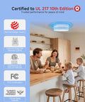 Wireless Smart Smoke Detector 3 Pack Interconnected Fire Alarm System With Smart Gateway Hub UL 217 Certified in a modern kitchen.