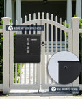 Beefy Locking Wall Mounted Mailbox With Key Lock And Large Capacity for outdoor use on white gate, black galvanized metal