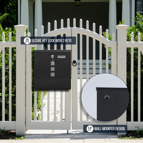 Beefy Locking Wall Mounted Mailbox With Key Lock And Large Capacity for outdoor use on white gate, black galvanized metal