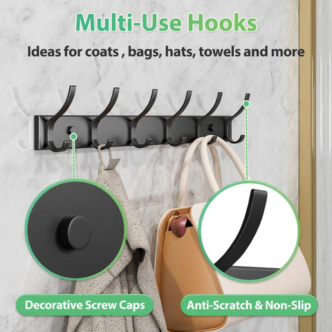 Coat Rack Wall Mount With Six Heavy Duty Hooks In Black For Entryway Bedroom Or Closet Keeps Coats Hats Bags And Purses Organized While Saving Space With Super Sturdy Thick Metal Build showcasing hanging bags and caps
