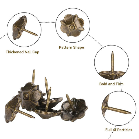 Top Shelf Heavy Rust Proof Vintage Upholstery Tacks 20 Piece Set Knockout Flower Design showing thickened nail caps and pattern details.