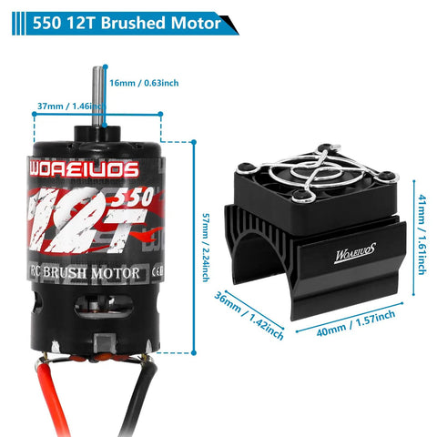 550 Brushed Motor 12T With Heatsink Combo for One Tenth Scale RC Trucks, shown with dimensions and detailed view.