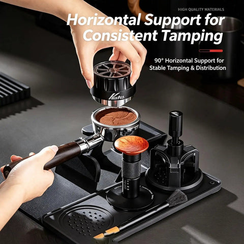 The Real Deal 5 Piece Espresso Tamping Station Kit With Spring Loaded Tamper Weighted Coffee Distributor WDT Needle Tool And Cleaning Brush Pro Barista Storage Base Universal Fit for consistent tamping.
