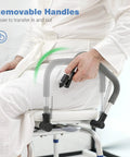 Swivel Shower Chair With Drop Arms And Back For Inside Showers, non slip armrests, user in white robe demonstrating