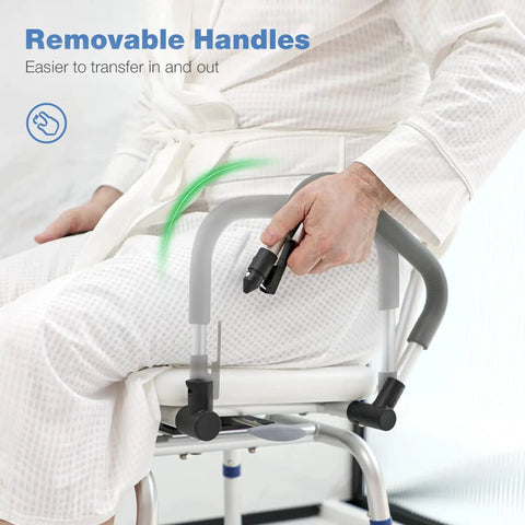 Swivel Shower Chair With Drop Arms And Back For Inside Showers, non slip armrests, user in white robe demonstrating
