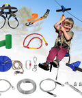 Child enjoying Backyard Zipline Kit For Kids And Adults With Stainless Steel Spring Brake, safety harness, and accessories.