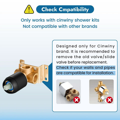 Check compatibility notice for Shower Faucet Set With Rainfall Head And No Fuss Handle Valve Modern Wall Mount 8 Inch Matte Black