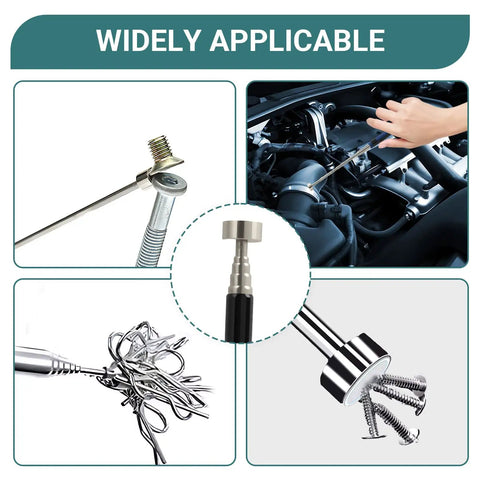 Two Piece Telescoping Magnetic Pickup Tool Set With 8 Pound And 5 Pound Strengths Handy Extendable Magnet Grabber For Mechanics Car Repair Workshop And Home DIY Jobs Pocket Sized Reach For Grabbing Screws Bolts And Tiny Tools From Tight Spots shown picking up screws, retrieving items from car engine, and grabbing metal objects.