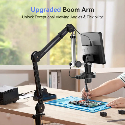 HDMI Soldering Microscope With Flexible Arm, 3 Lens Magnification, 360 Degree Base Rotation, 135 Degree Horizontal Extension, 180 Degree Vertical Movement, Foldable Design, Dope Lighting For Precise Electronics Work And Repairs on PCB