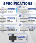 Specifications chart for 7 Piece Beefed-Up Pro Grade Quick Change Crimping Tool Set With Ratcheting Wire Crimper And 7 Die Sets.