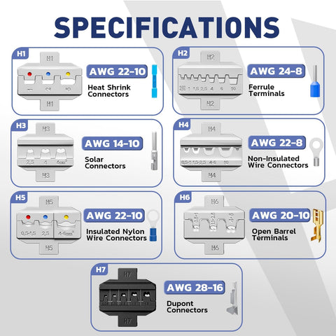 Specifications chart for 7 Piece Beefed-Up Pro Grade Quick Change Crimping Tool Set With Ratcheting Wire Crimper And 7 Die Sets.