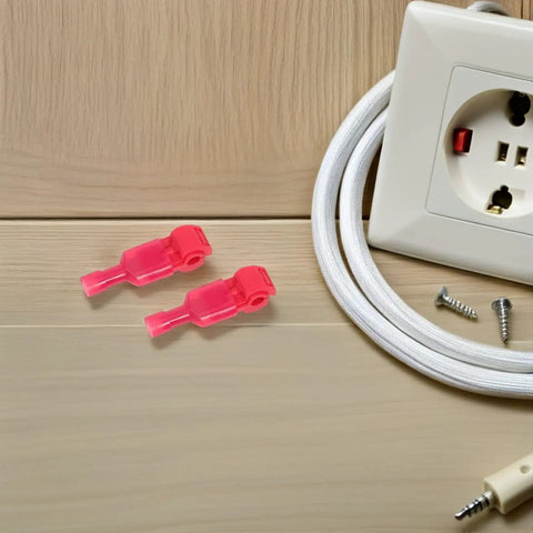 Quick Connect Spade Terminal Kit With 60 Pairs Fast Splice Wire Connectors For Soft Electrical Cables And Home Speaker Wiring Without Stripping Or Cutting Old Wires On Complex Setups Today. pink insulated spade connectors beside power outlet and cable