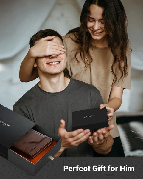 Gift box of Leather Wallet For Men RFID Blocking Card Holder Slim Minimalist Front Pocket Carry with smiling couple