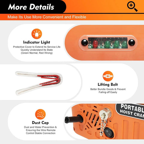 Heavy Duty Electric Hoist Winch With Wireless Remote 110V 1500W Pro Grade Lift Up To 1100 Lbs At 16 Ft Per Min 25 Ft Cable For Garage And Shop Lifting Jobs indicator light, lifting belt, and dust cap details