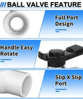 Features of 1 Inch PVC Ball Valve Kit 2 Pack Slip PVC Shutoff Valves With Double Socket Full Flow Port Schedule 40 Control
