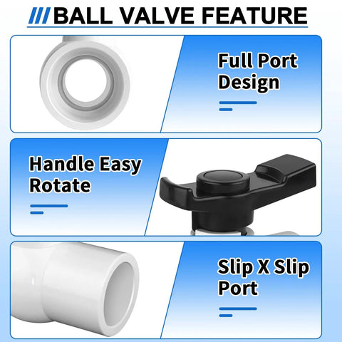 Features of 1 Inch PVC Ball Valve Kit 2 Pack Slip PVC Shutoff Valves With Double Socket Full Flow Port Schedule 40 Control