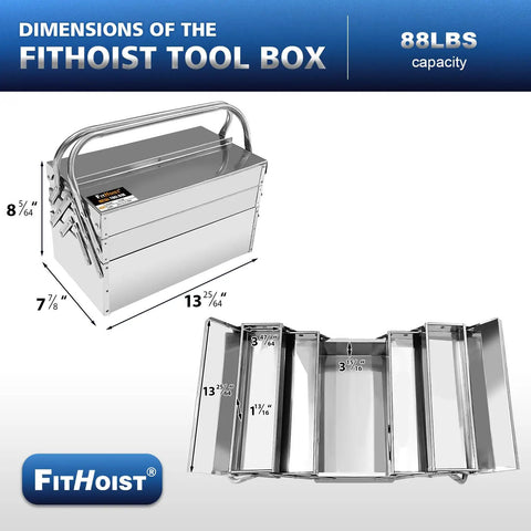 Metal Cantilever Tool Box With Fold Out Trays 3 Tier 5 Tray Stainless Steel Chest Stackable Portable Organizer For Home Garage Shop Factory Or Warehouse Use Built To Last Durable Rust Resistant Steel, 13 25/64 x 7 7/8 x 8 5/64 in