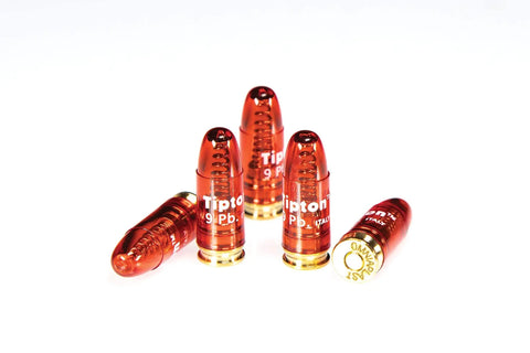 Red 9mm pistol snap caps, reusable dummy rounds for safe dry fire, trigger tuning, hammer spring tension release, easy maintenance