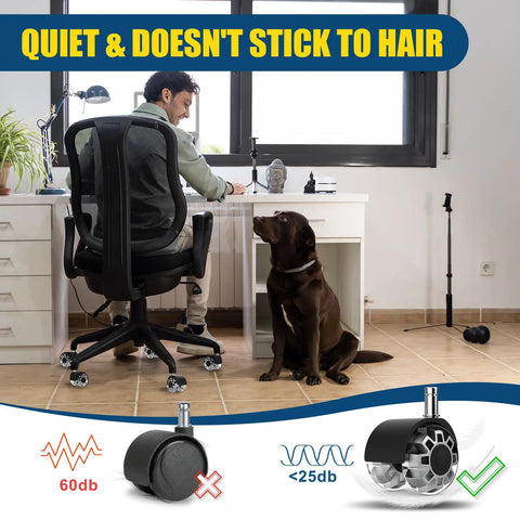 Office chair casters set of 5, black, heavy-duty silent wheels with standard stems for hardwood floors and carpet.